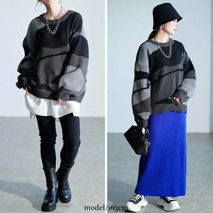 大きいサイズ レディース マーブル柄ラウンドネックニット　sum-0020