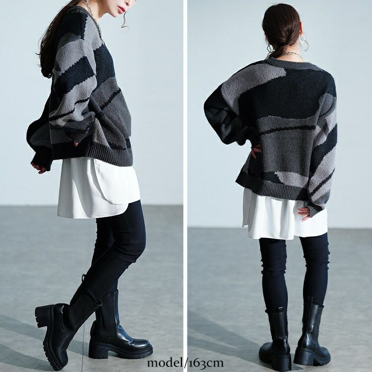 大きいサイズ レディース マーブル柄ラウンドネックニット　sum-0020