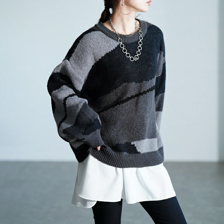 大きいサイズ レディース マーブル柄ラウンドネックニット　sum-0020