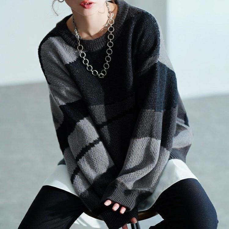 大きいサイズ レディース マーブル柄ラウンドネックニット　sum-0020