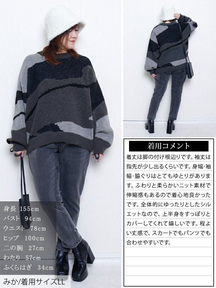 大きいサイズ レディース マーブル柄ラウンドネックニット　sum-0020