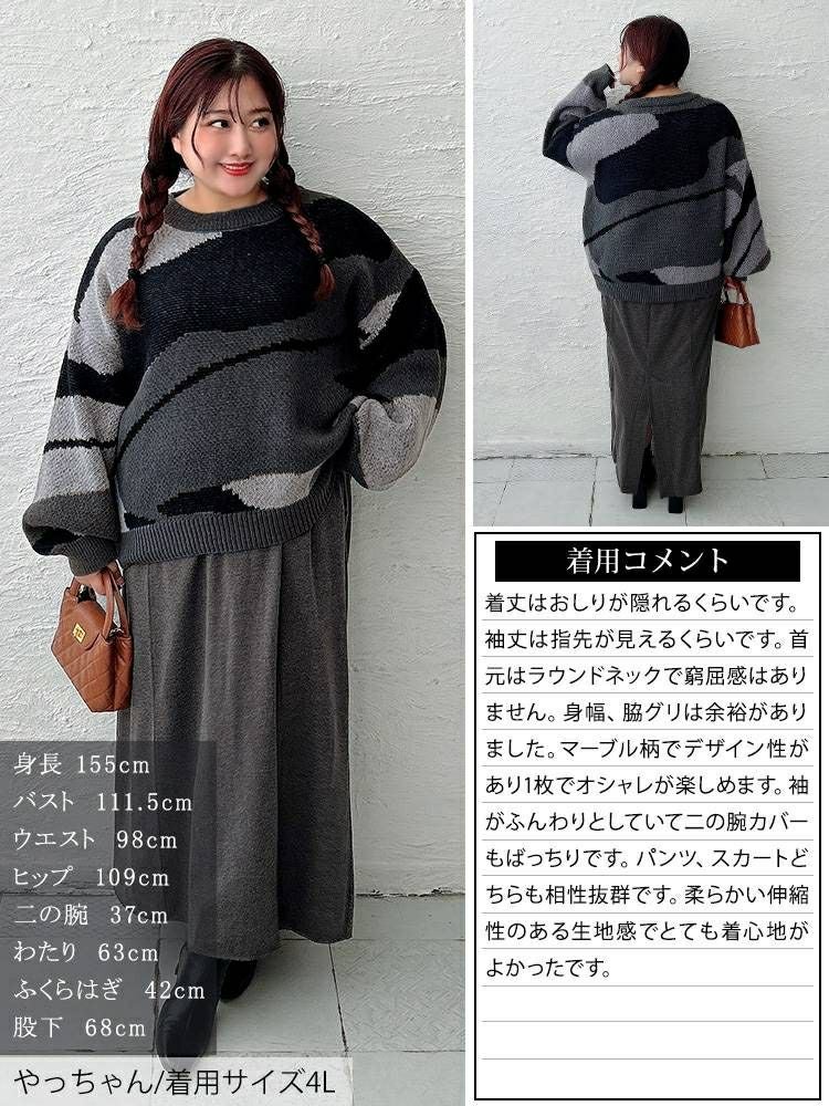 大きいサイズ レディース マーブル柄ラウンドネックニット　sum-0020