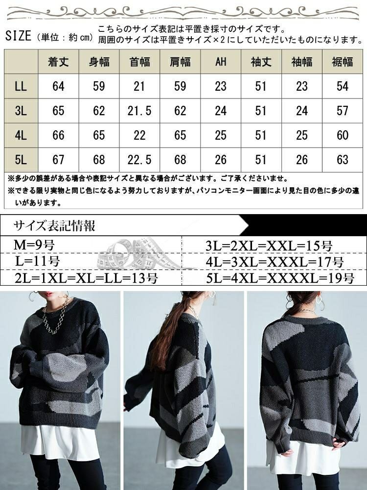 大きいサイズ レディース マーブル柄ラウンドネックニット　sum-0020