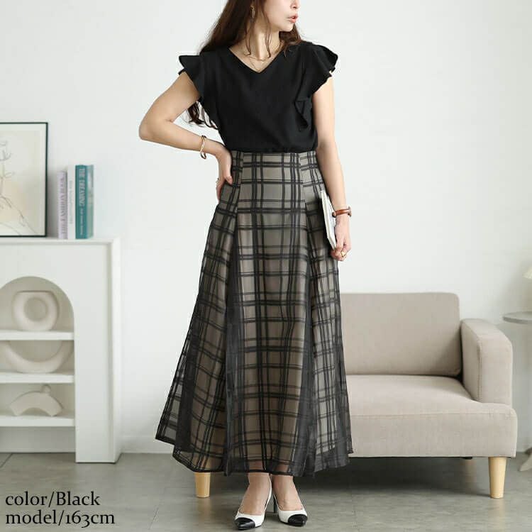 大きいサイズ レディース シアーチェックレイヤードフレアスカート　tana-25aw028