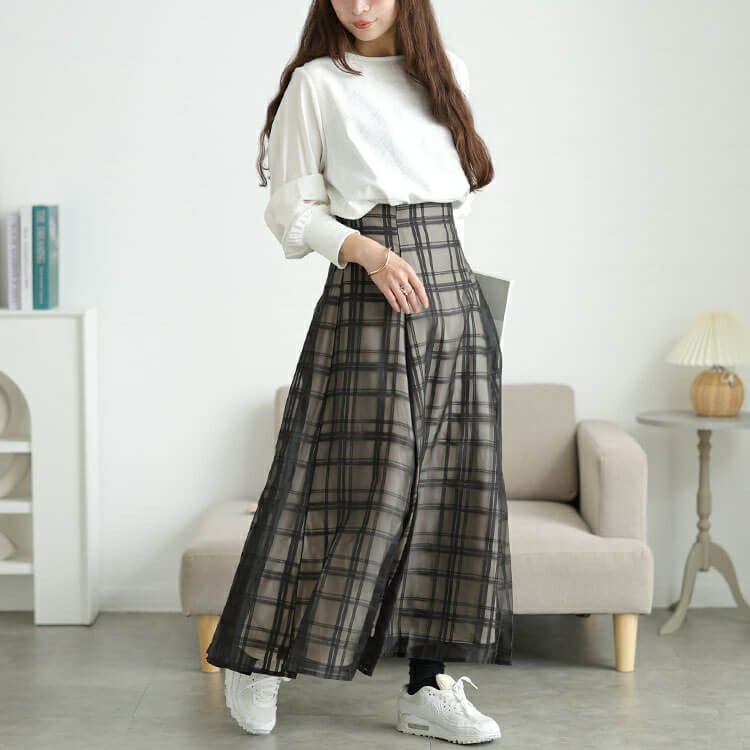 大きいサイズ レディース シアーチェックレイヤードフレアスカート　tana-25aw028
