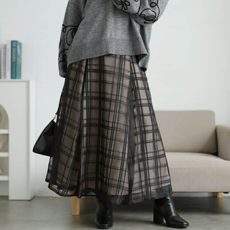 大きいサイズ レディース シアーチェックレイヤードフレアスカート　tana-25aw028