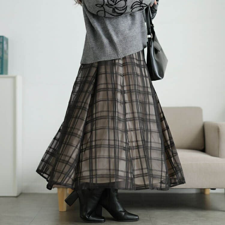 大きいサイズ レディース シアーチェックレイヤードフレアスカート　tana-25aw028
