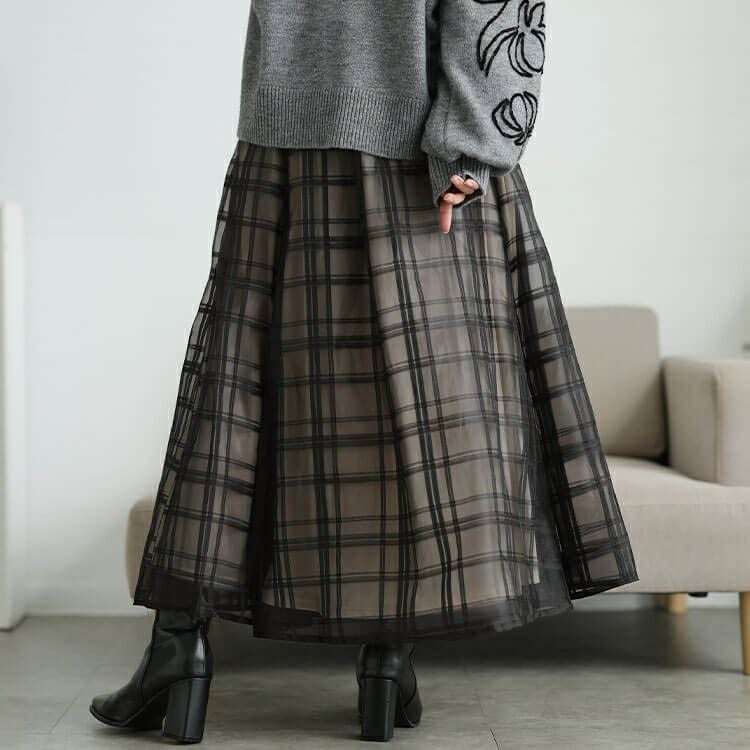 大きいサイズ レディース シアーチェックレイヤードフレアスカート　tana-25aw028