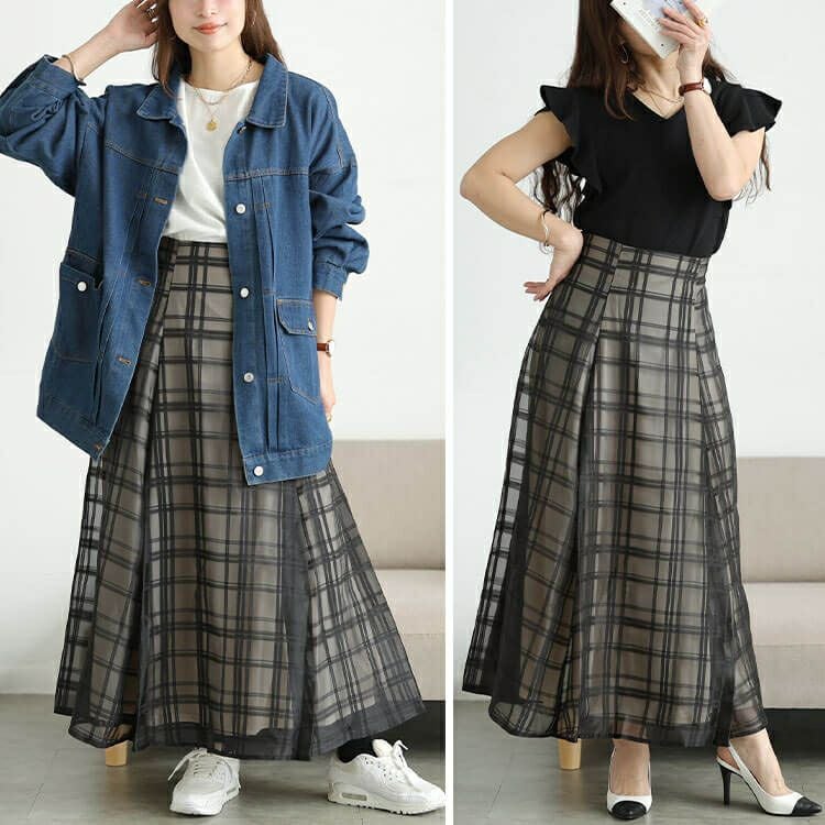 大きいサイズ レディース シアーチェックレイヤードフレアスカート　tana-25aw028