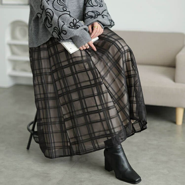 大きいサイズ レディース シアーチェックレイヤードフレアスカート　tana-25aw028