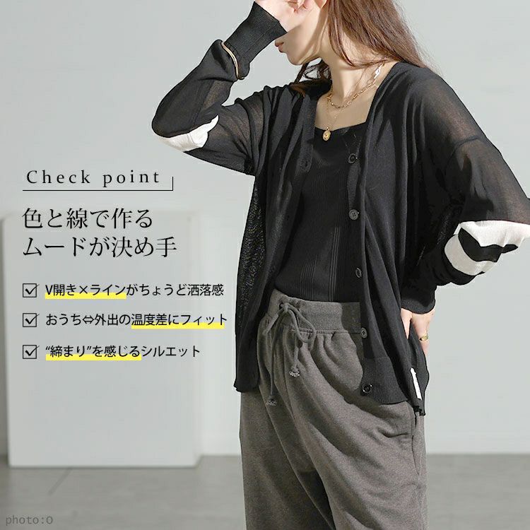 大きいサイズ レディース ライン袖シアーニットVネックカーディガン goldy-1743