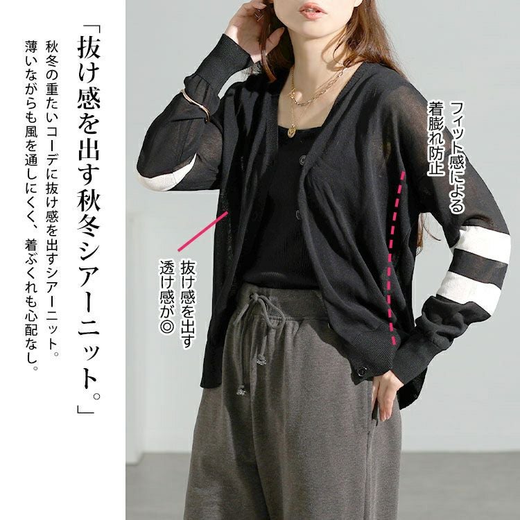 大きいサイズ レディース ライン袖シアーニットVネックカーディガン goldy-1743