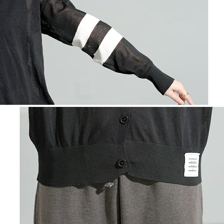 大きいサイズ レディース ライン袖シアーニットVネックカーディガン goldy-1743