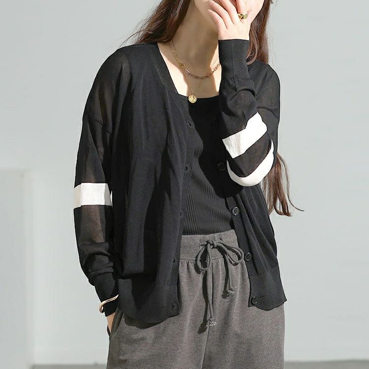 大きいサイズ レディース ライン袖シアーニットVネックカーディガン goldy-1743