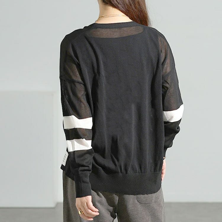 大きいサイズ レディース ライン袖シアーニットVネックカーディガン goldy-1743