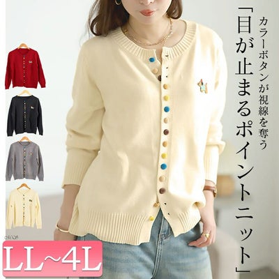 大きいサイズ レディース カラフルボタンワッペン付きニットカーディガン goldy-1770