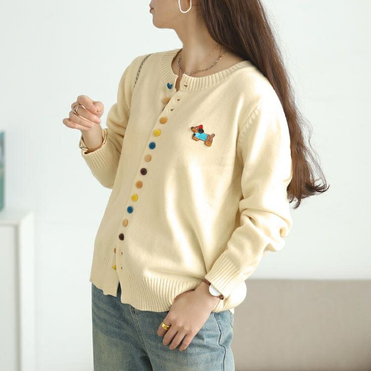 大きいサイズ レディース カラフルボタンワッペン付きニットカーディガン goldy-1770