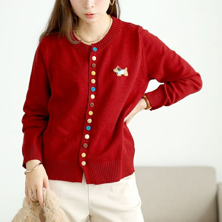 大きいサイズ レディース カラフルボタンワッペン付きニットカーディガン goldy-1770