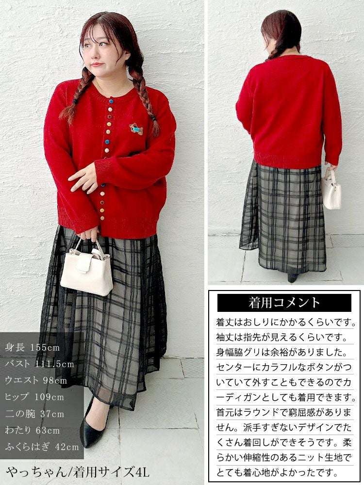 大きいサイズ レディース カラフルボタンワッペン付きニットカーディガン goldy-1770