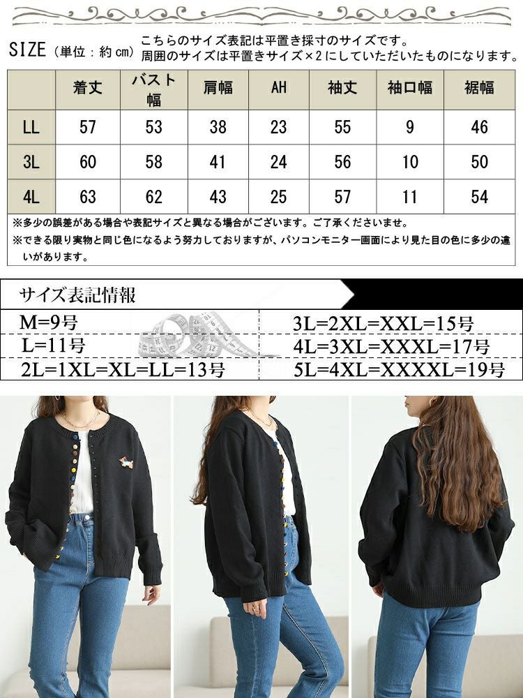 大きいサイズ レディース カラフルボタンワッペン付きニット