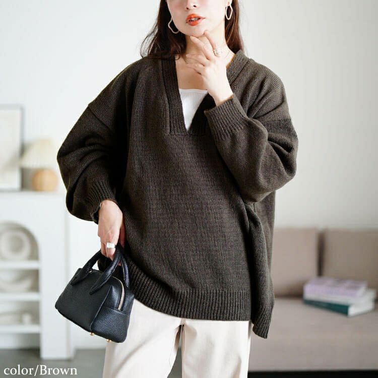 大きいサイズ レディース リブ編み切り替え深Vネックニット sum-0038