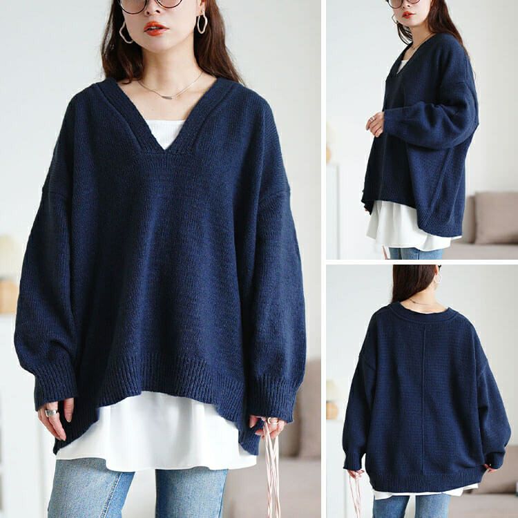 大きいサイズ レディース リブ編み切り替え深Vネックニット sum-0038