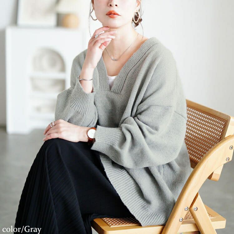 大きいサイズ レディース リブ編み切り替え深Vネックニット sum-0038