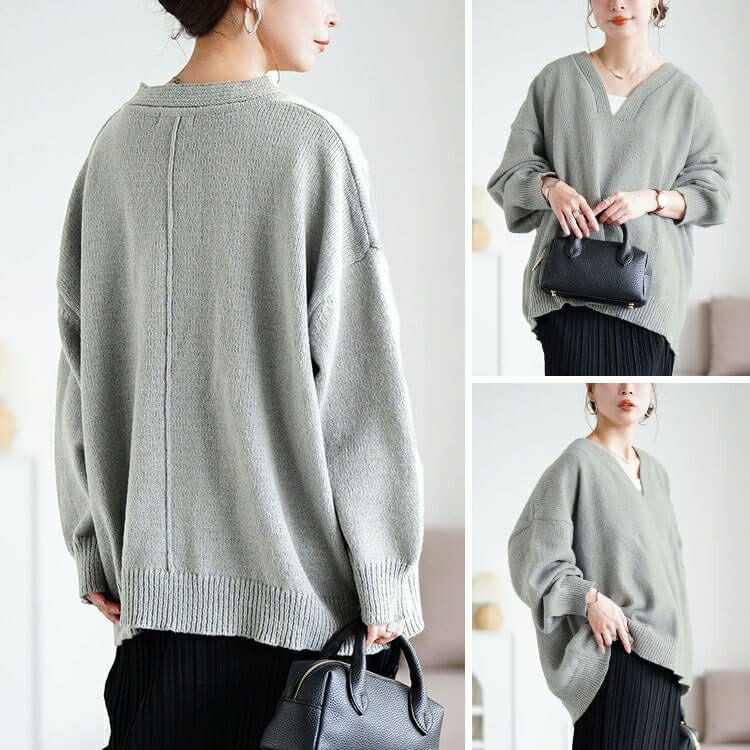 大きいサイズ レディース リブ編み切り替え深Vネックニット sum-0038