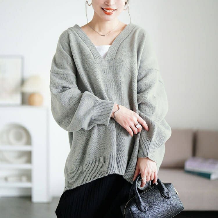 大きいサイズ レディース リブ編み切り替え深Vネックニット sum-0038
