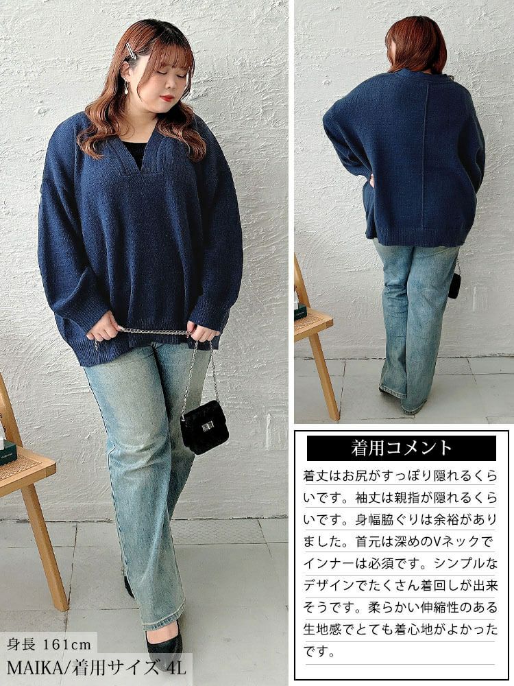 大きいサイズ レディース リブ編み切り替え深Vネックニット sum-0038