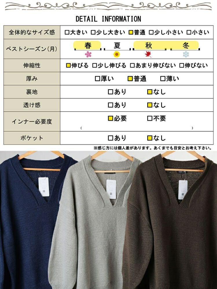 大きいサイズ レディース リブ編み切り替え深Vネックニット sum-0038