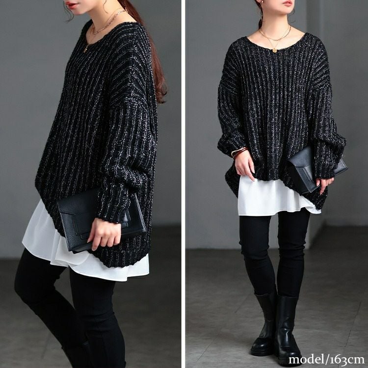 大きいサイズ レディース クルーネック畦編みラメニット tog-1067