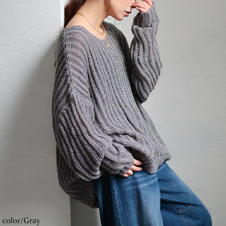 大きいサイズ レディース クルーネック畦編みラメニット tog-1067