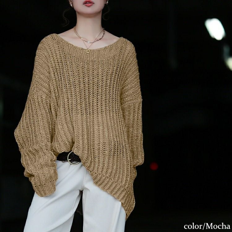 大きいサイズ レディース クルーネック畦編みラメニット tog-1067