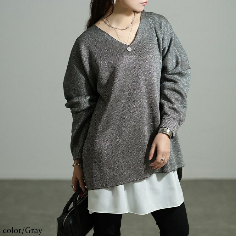 大きいサイズ レディース Vネックテールカットドルマンラメニット tog-1062