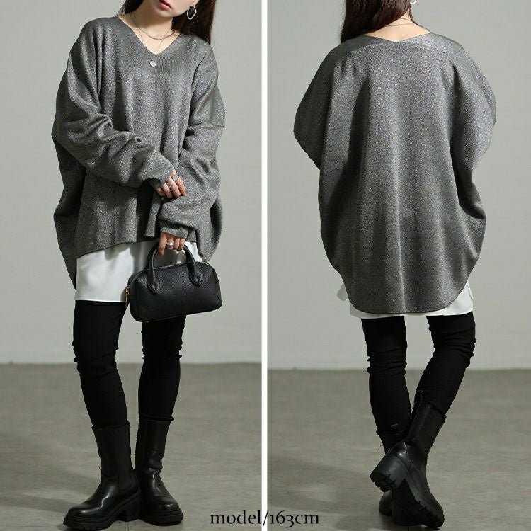 大きいサイズ レディース Vネックテールカットドルマンラメニット tog-1062