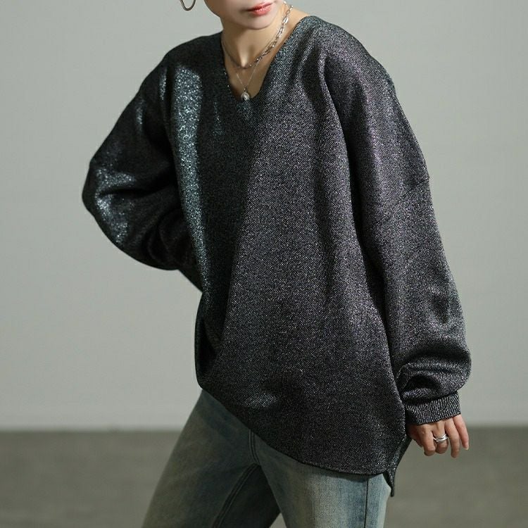 大きいサイズ レディース Vネックテールカットドルマンラメニット tog-1062