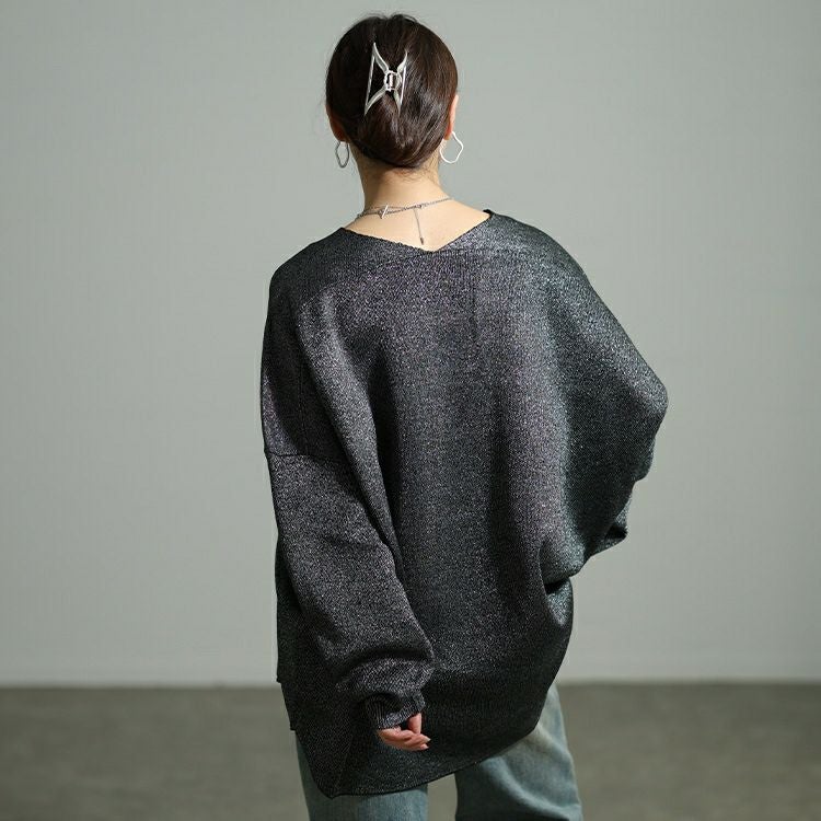 大きいサイズ レディース Vネックテールカットドルマンラメニット tog-1062