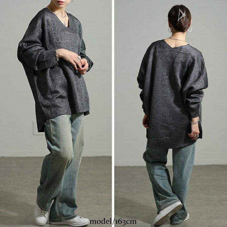 大きいサイズ レディース Vネックテールカットドルマンラメニット tog-1062