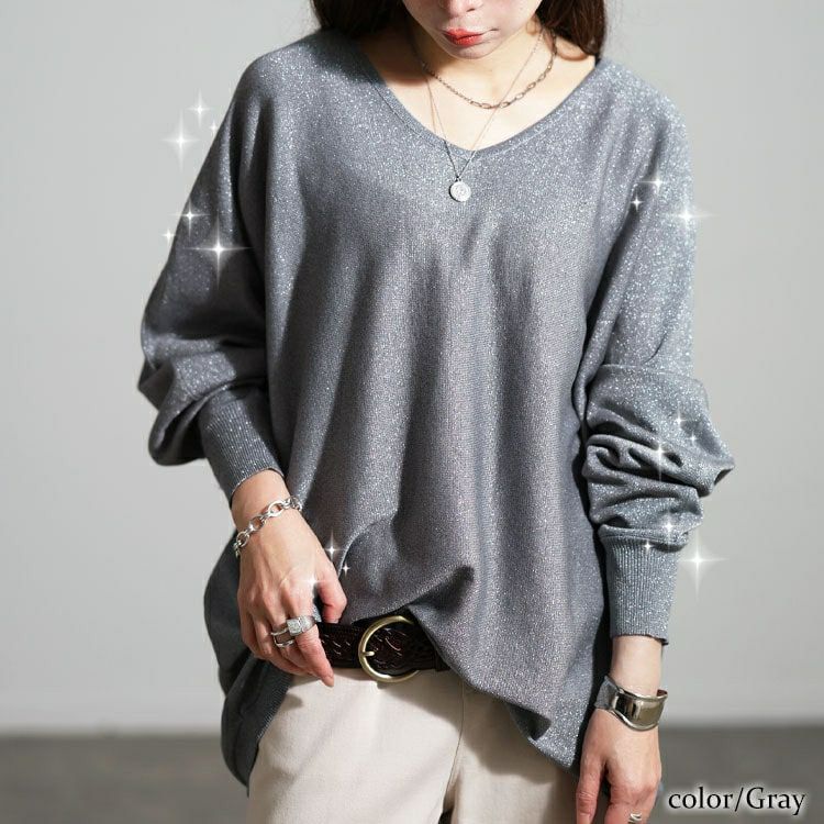 大きいサイズ レディース Vネックラメドルマンニット tog-1061