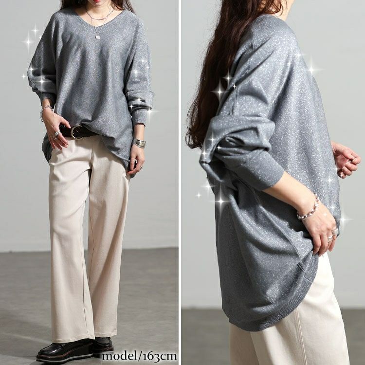 大きいサイズ レディース Vネックラメドルマンニット tog-1061