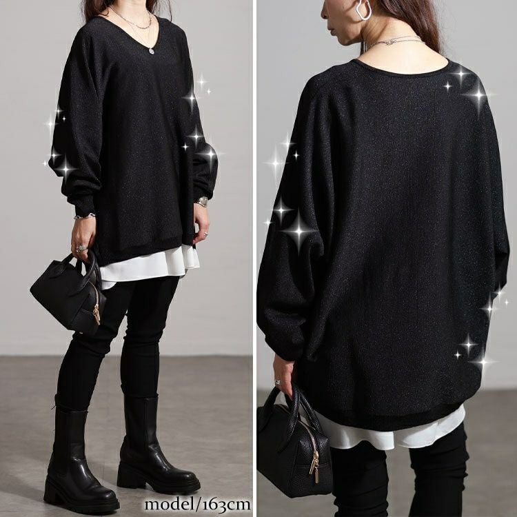 大きいサイズ レディース Vネックラメドルマンニット tog-1061