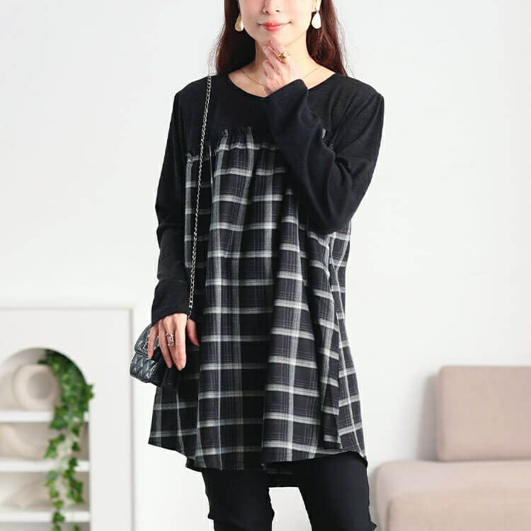 大きいサイズ レディース チェック柄切り替えチュニック cast-5558021