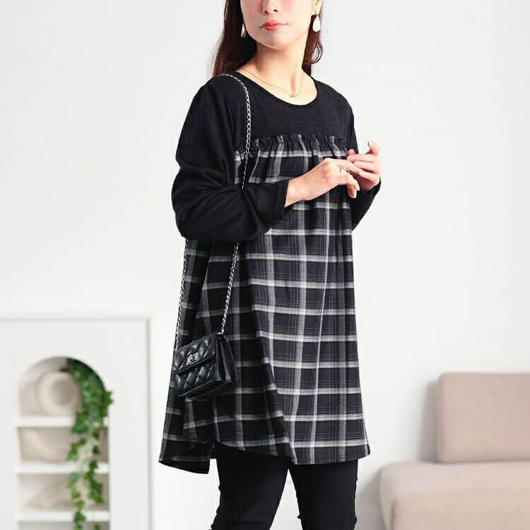 大きいサイズ レディース チェック柄切り替えチュニック cast-5558021