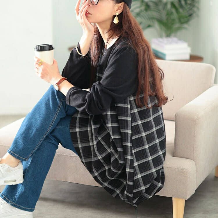 大きいサイズ レディース チェック柄切り替えチュニック cast-5558021