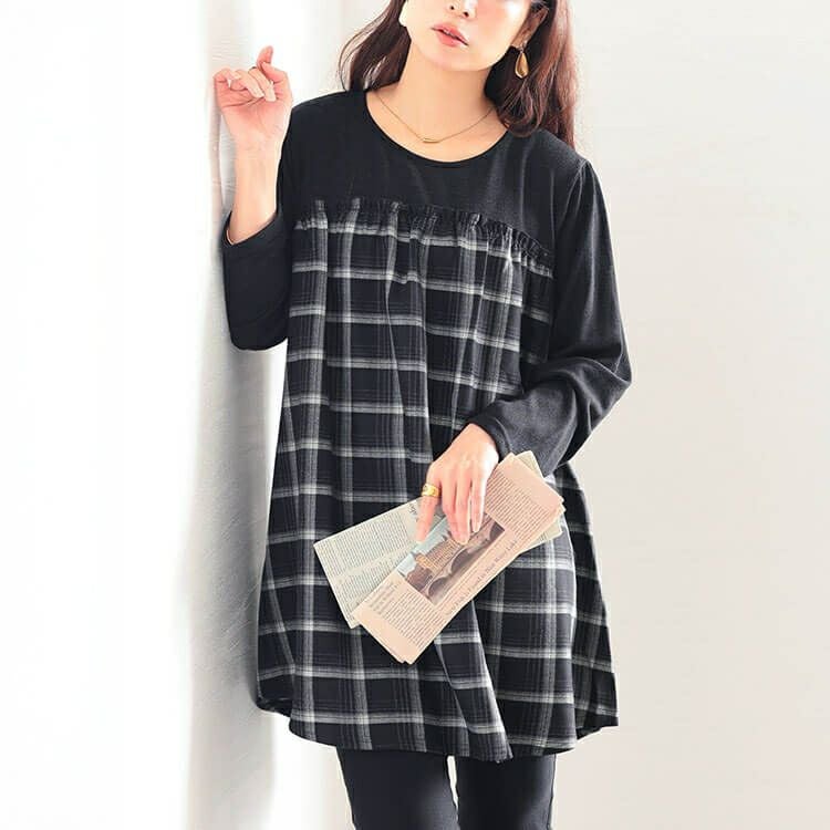 大きいサイズ レディース チェック柄切り替えチュニック cast-5558021
