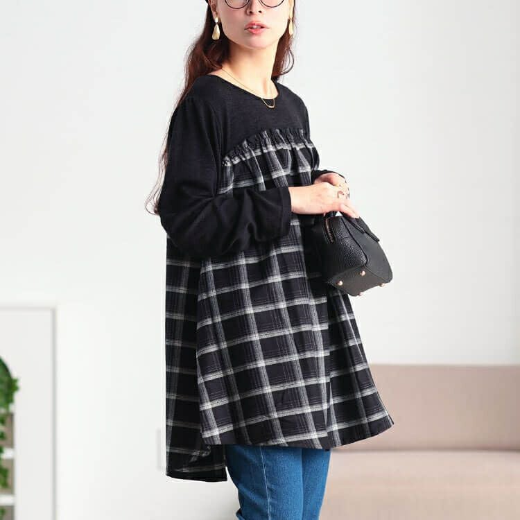 大きいサイズ レディース チェック柄切り替えチュニック cast-5558021