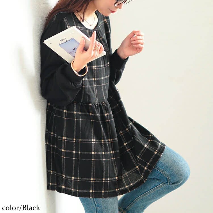 大きいサイズ レディース 静電気防止チェック柄ペプラムチュニック cast-5558020