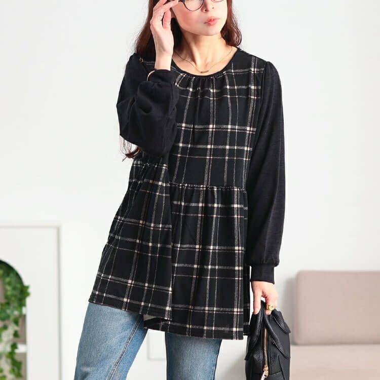 大きいサイズ レディース 静電気防止チェック柄ペプラムチュニック cast-5558020