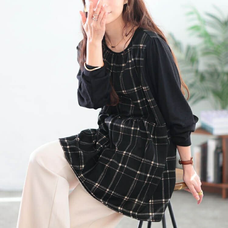 大きいサイズ レディース 静電気防止チェック柄ペプラムチュニック cast-5558020